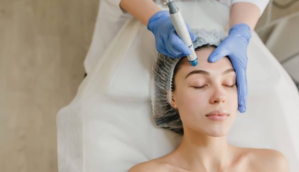 View from above of beautiful woman enjoying cosmetology procedures, rejuvenation in beauty salon. Dermatology, doctor at work, healthcare, therapy, botox. Place for text. Sueroterapia | Centro Eos